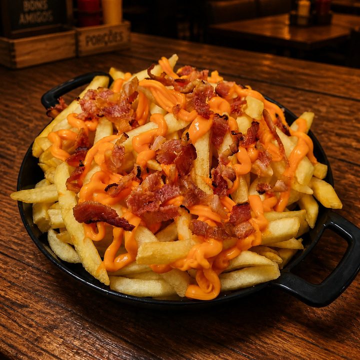 Porção de batata frita com cheddar e bacon